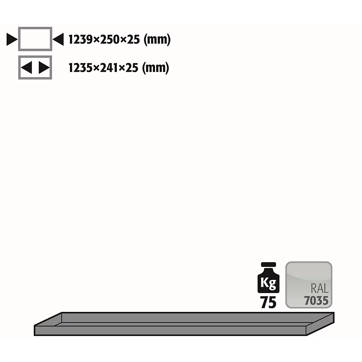 Etagère standard pour armoires à bouteilles de gaz sous pression asecos, en tôle d'acier, gris clair, L 1239 x P 250 x H 25 mm, jusqu'à 75 kg
