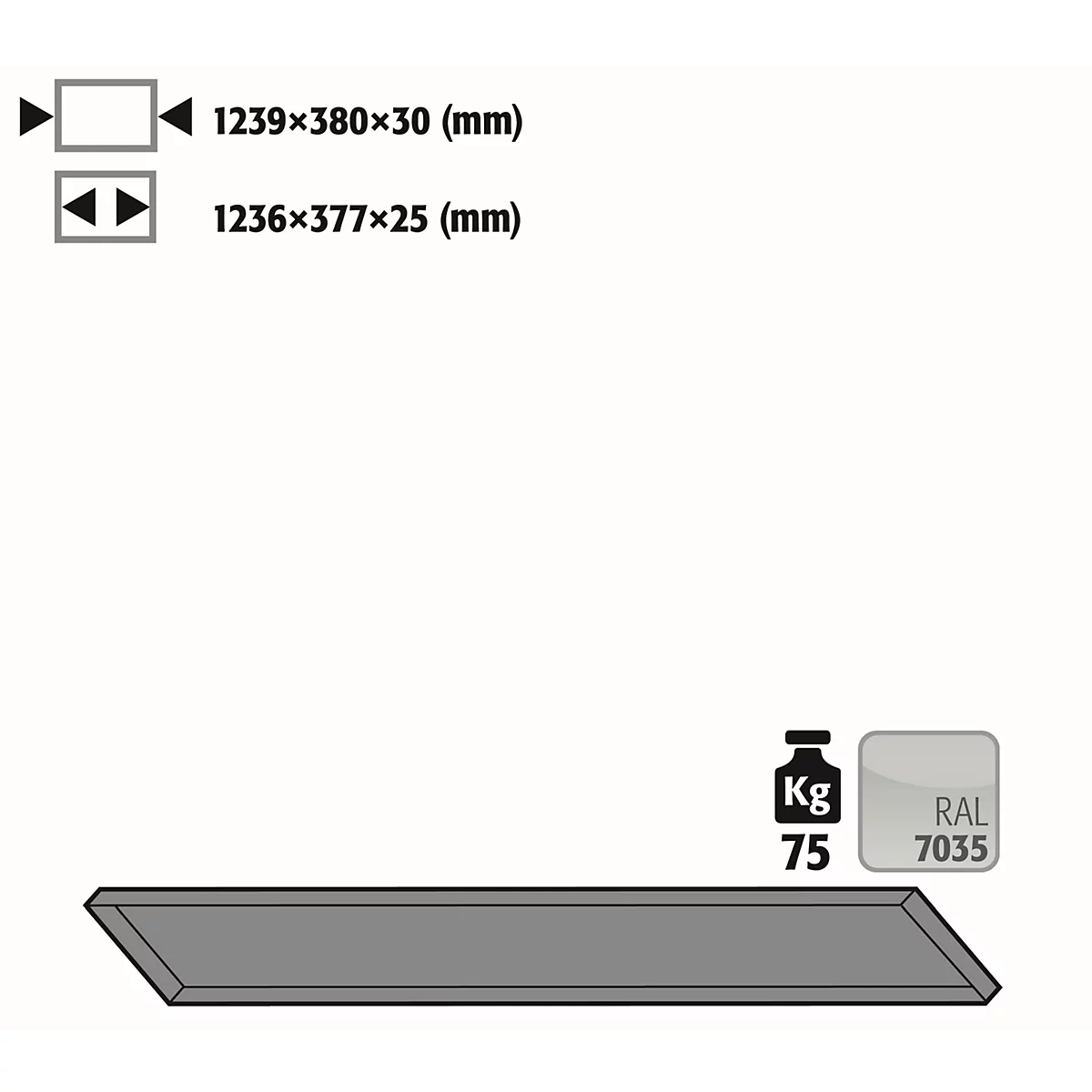 Etagère standard pour armoires à bouteilles de gaz sous pression asecos, en tôle d'acier, gris clair, L 1239 x P 380 x H 30 mm, jusqu'à 75 kg