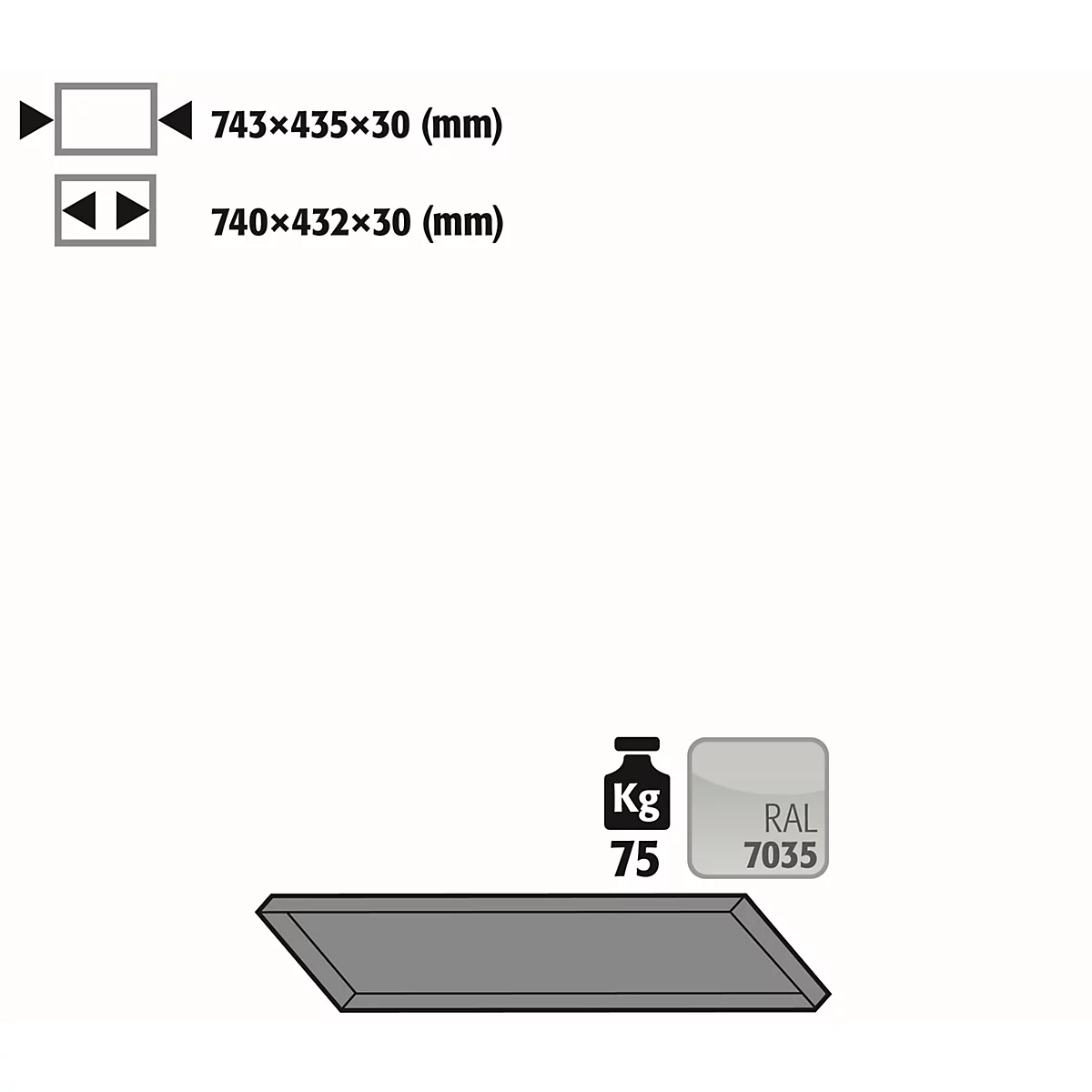 Rectangle gris avec informations : dimensions, poids (75 kg) et couleur RAL 7035.