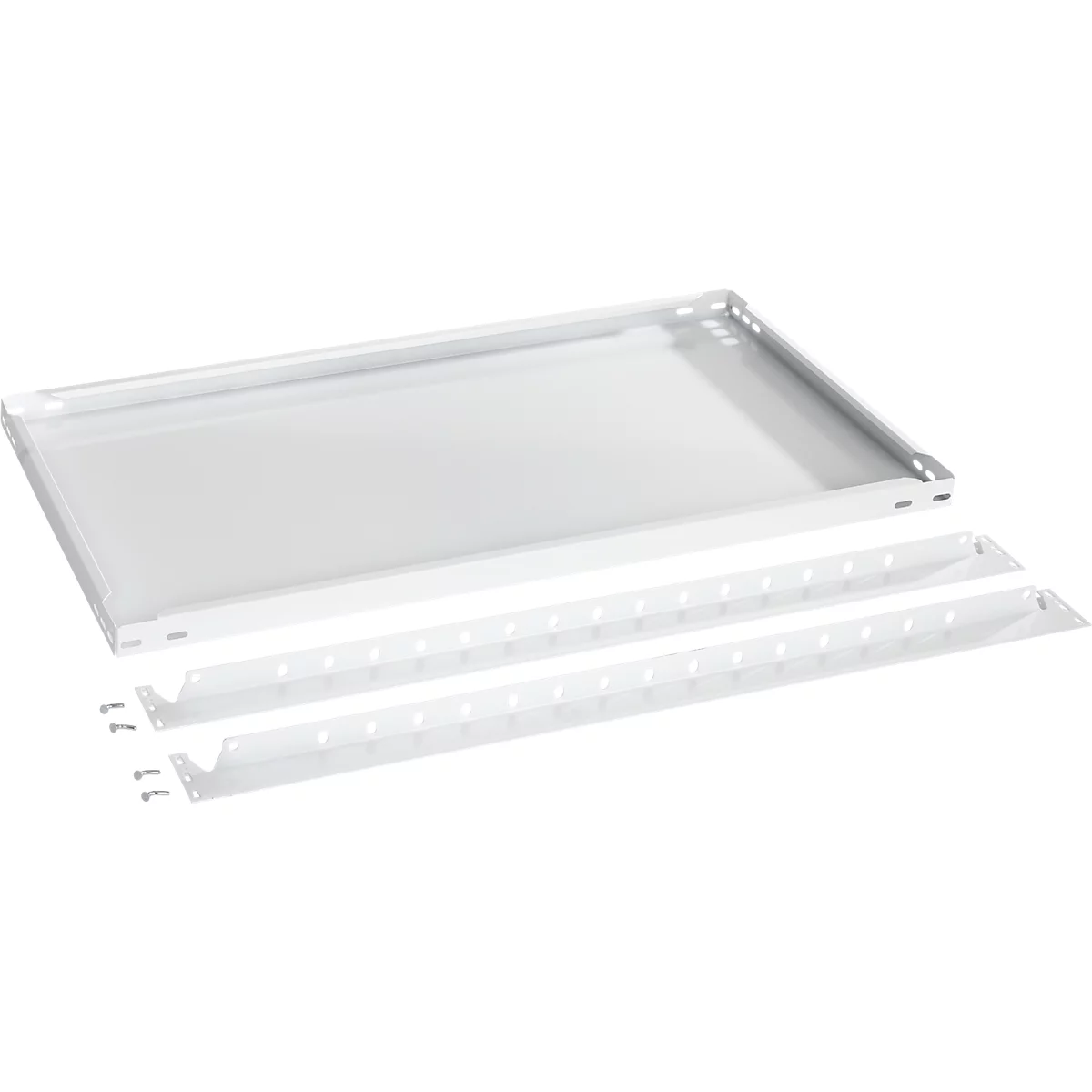 Étagère et supports en métal blanc. L'étagère est au-dessus, deux supports en dessous.