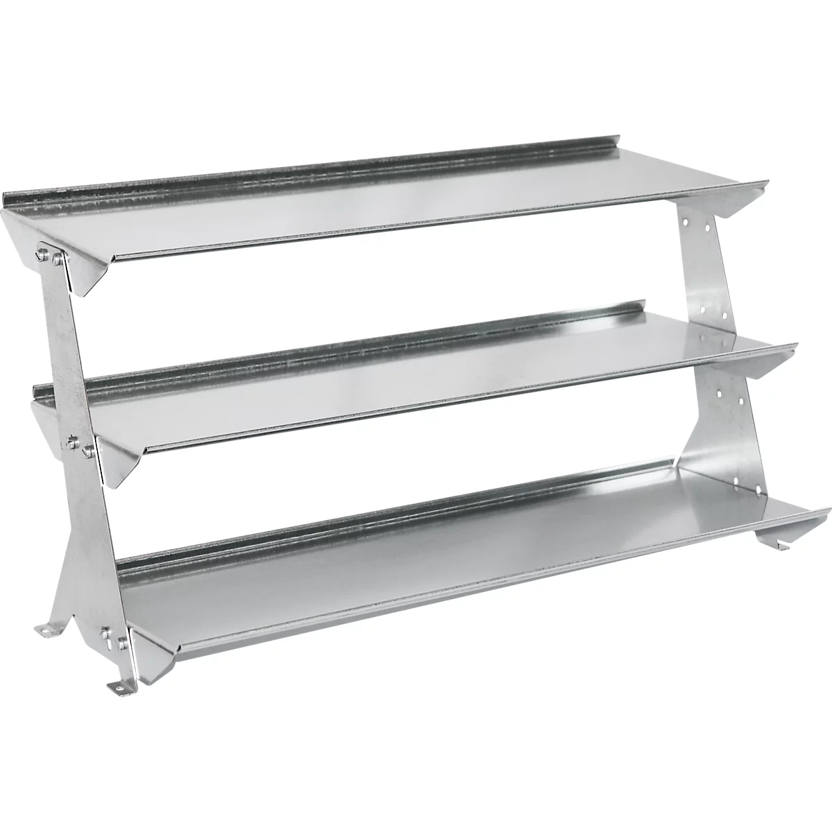 Support de haltères en métal à trois niveaux, placé en biais, relié par des rivets.