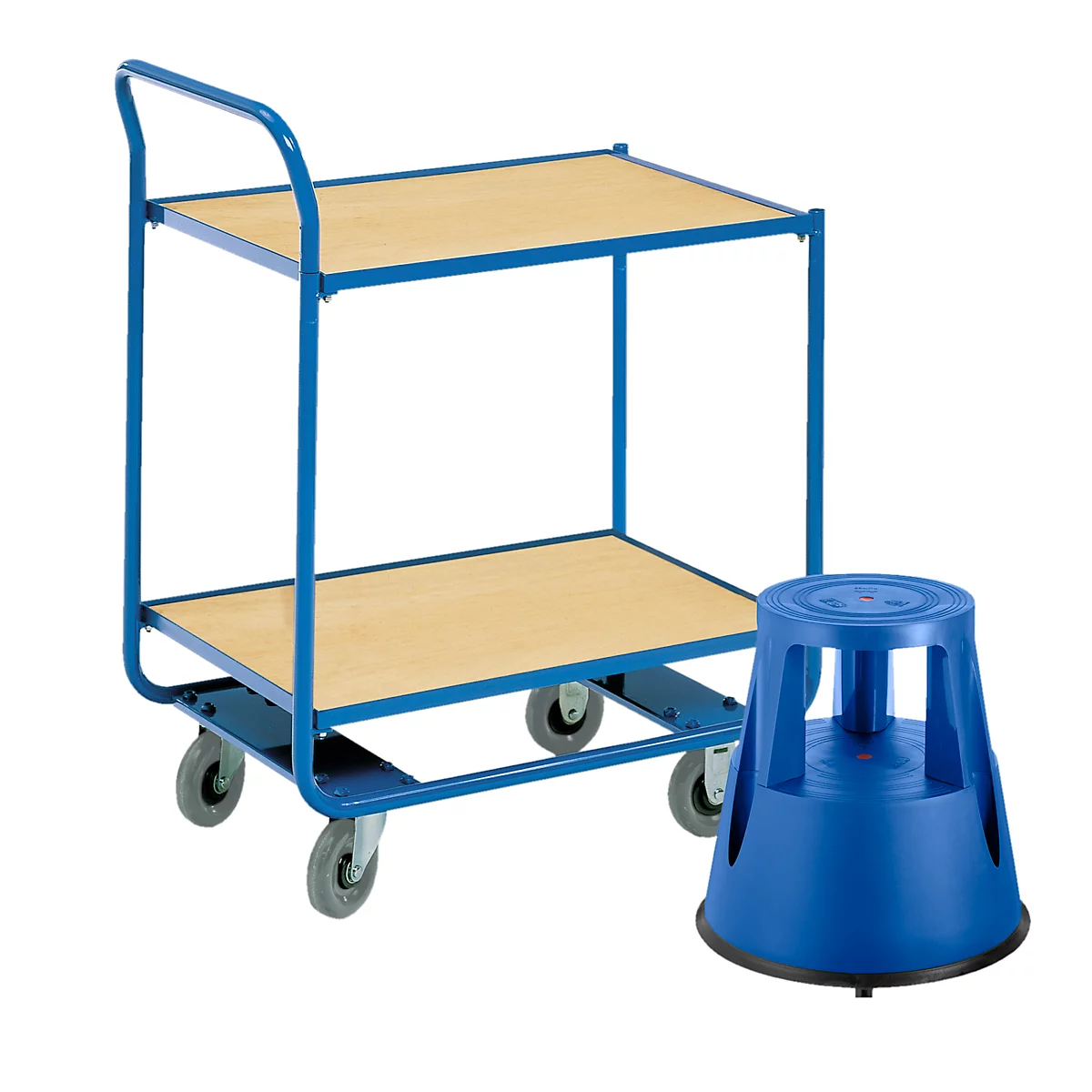 Etagewagen, 2 etages, L 760 x B 520 mm, draagvermogen 150 kg + verrijdbaar opstapje, blauw, gratis
