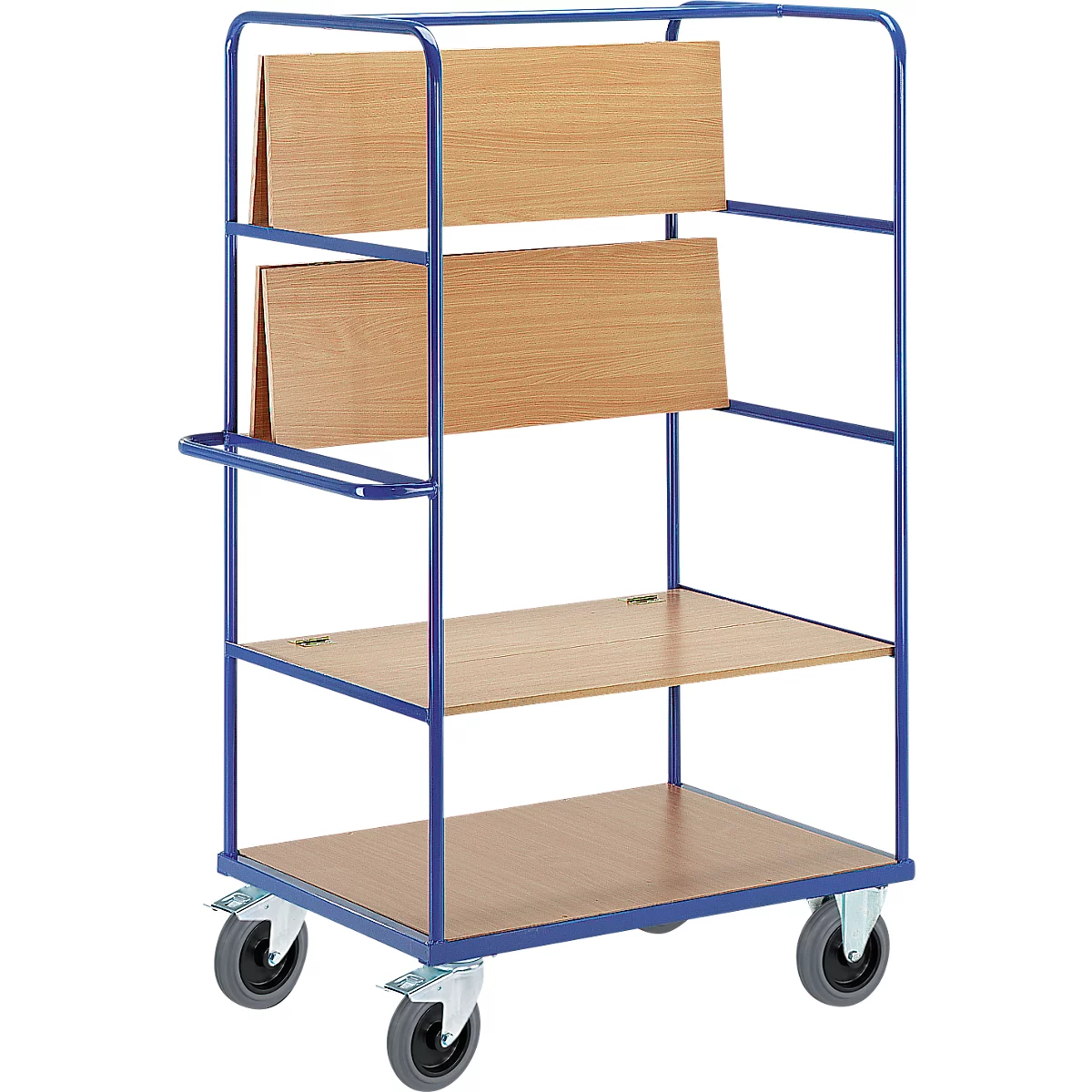 Blauwe trolley met houten planken en wielen.