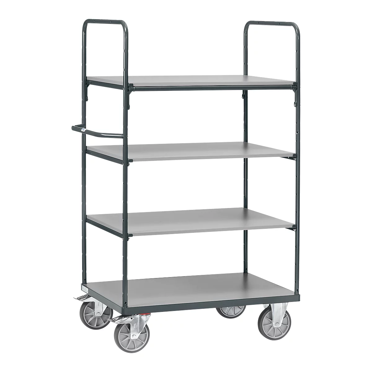 Etagewagen, 4 houten legborden, tot 600 kg, 1200 x 800 mm, staal, grijs