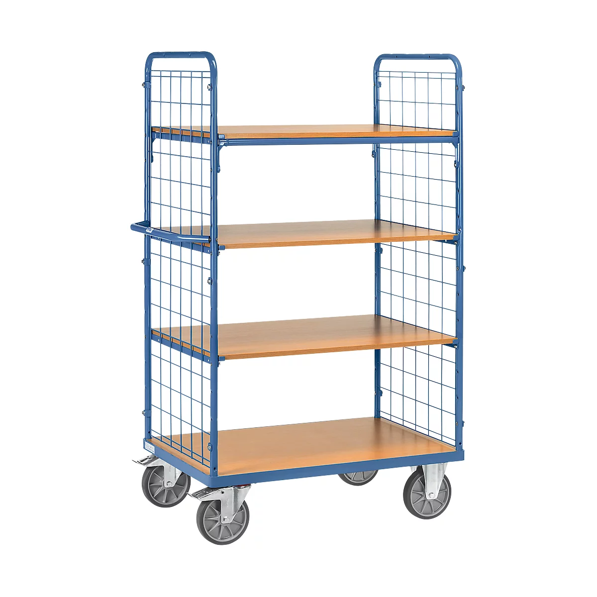 Etagewagen, 4 houten legborden, tot 600 kg, 2-zijdige roosterwanden, 1000 x 800 mm, blauw