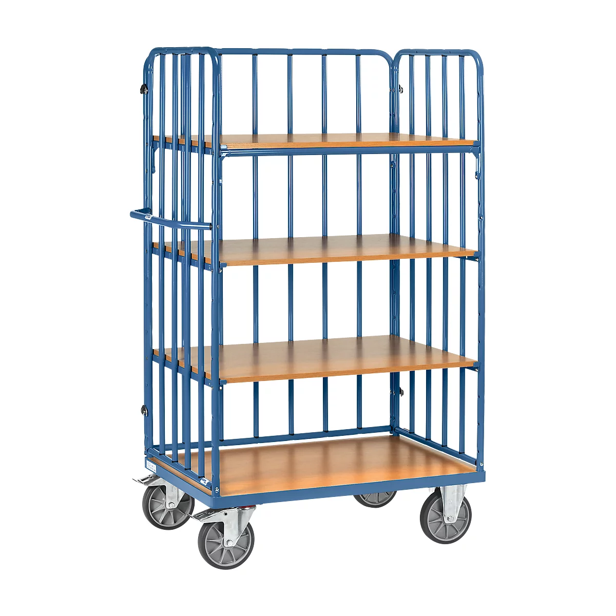 Etagewagen, 4 houten legborden, tot 600 kg, beugels aan 3 zijden, 1000 x 800 mm, staal, blauw