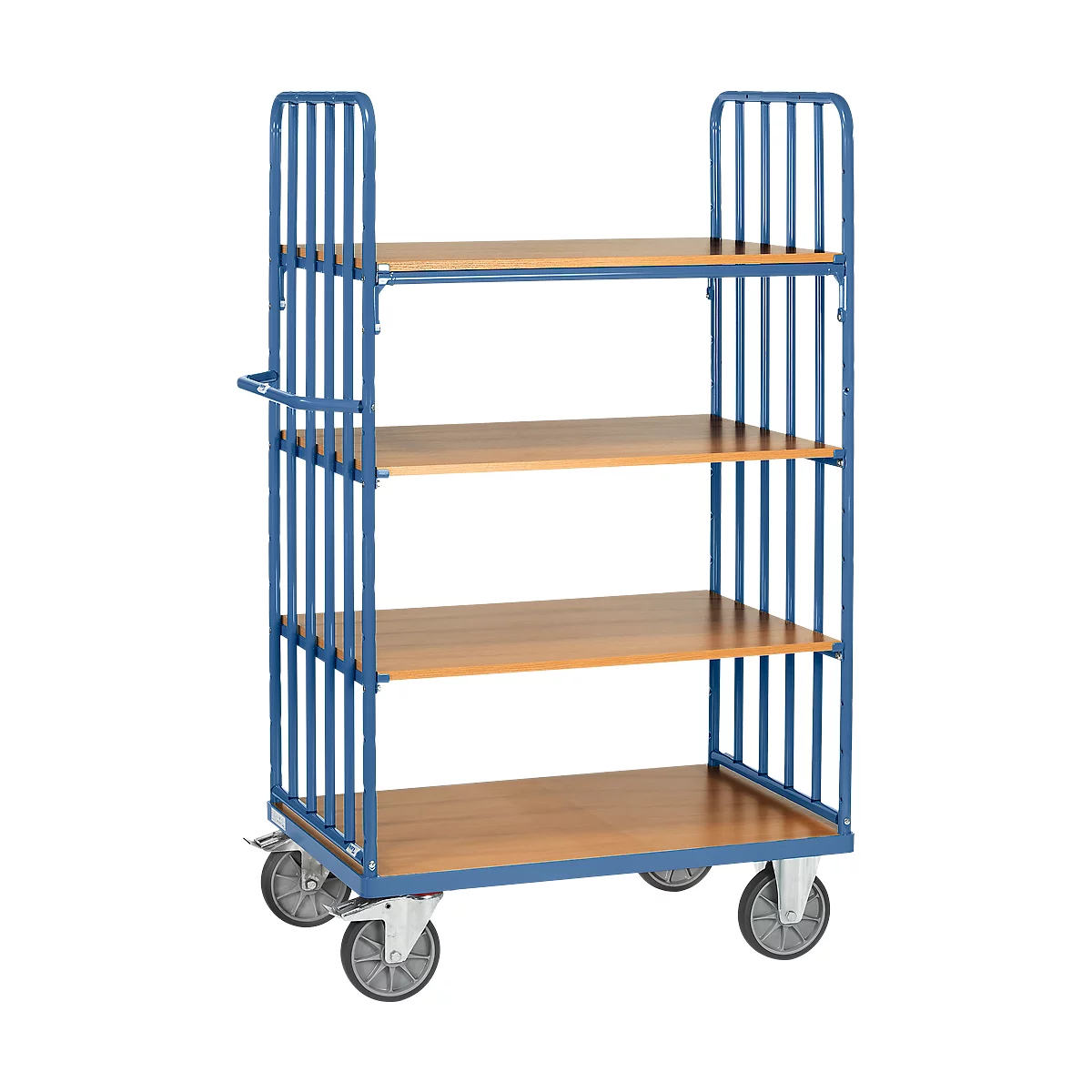 Etagewagen, 4 houten legborden, tot 600 kg, kopwanden met steunen, 1200 x 800 mm, staal, blauw