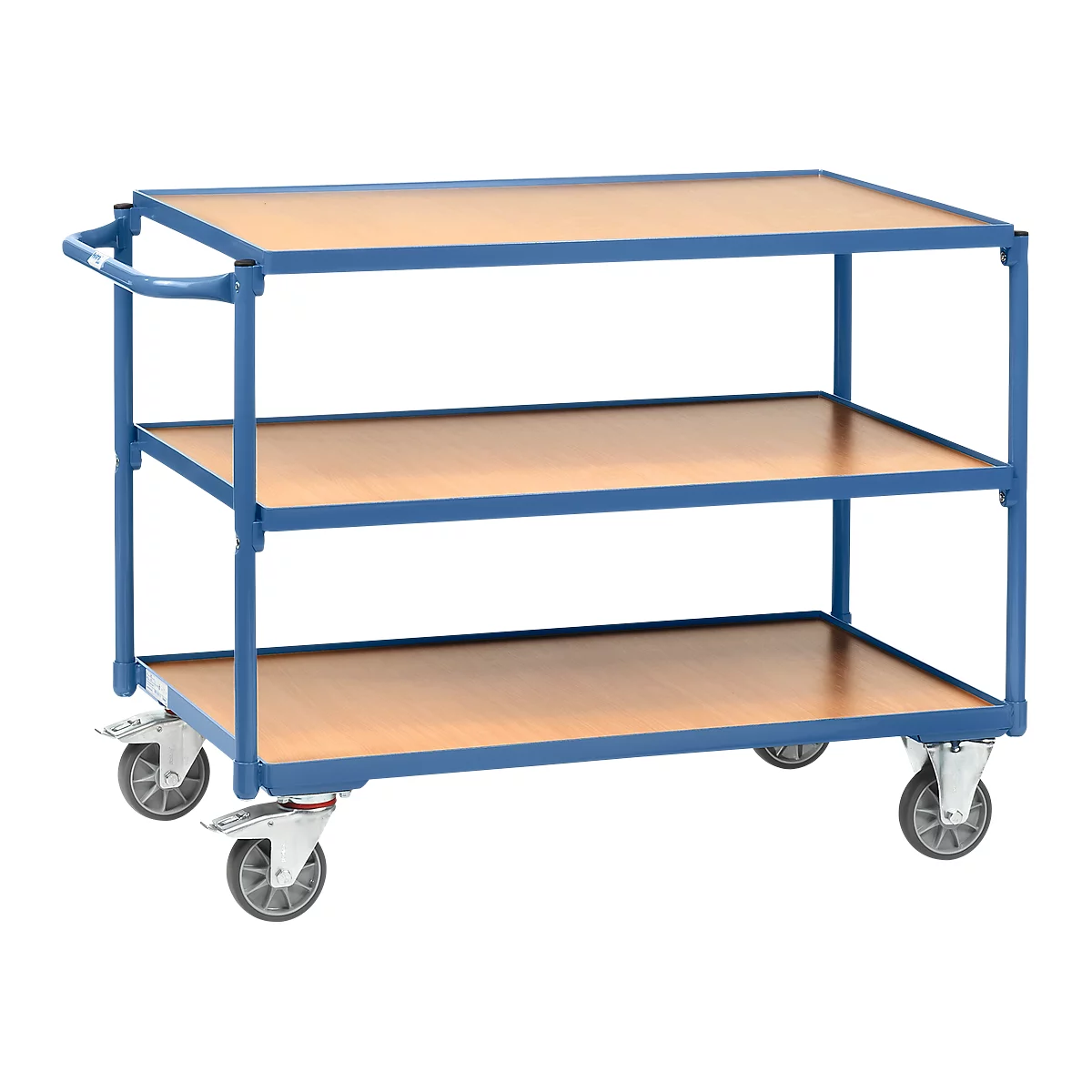 Etagewagen, licht, 3 etages, L 1000 x B 600 mm, tot 300 kg, staal/hout, blauw/beuken