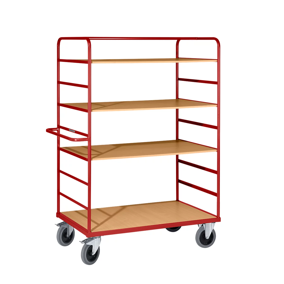 Serverwagen met rood frame en houten planken op witte achtergrond. De kar heeft wielen.