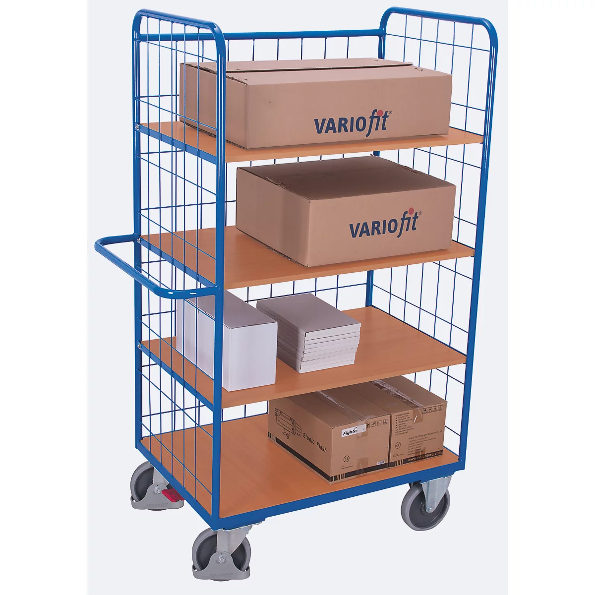 Etagewagen met draadgaas, staal/MDF-plaat, decor gentiaanblauw/beuken, 4 etages, 1175 x 800 mm, EasySTOP, tot 500 kg