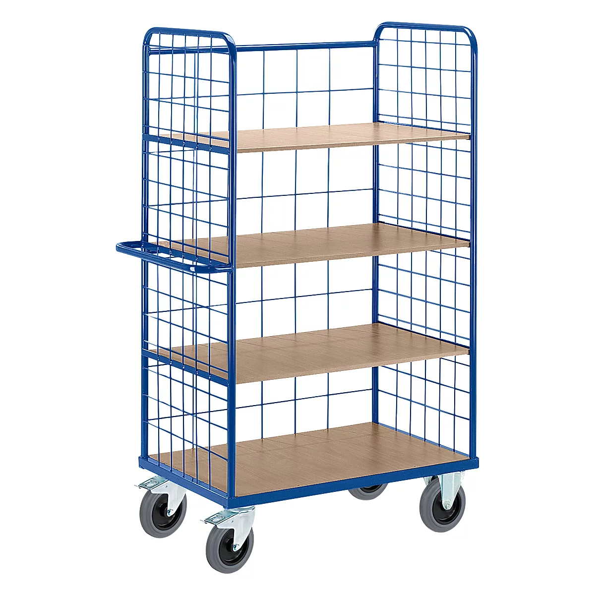 Blauwe roosterwagen met vier houten planken op wielen, met een handvat aan de zijkant.