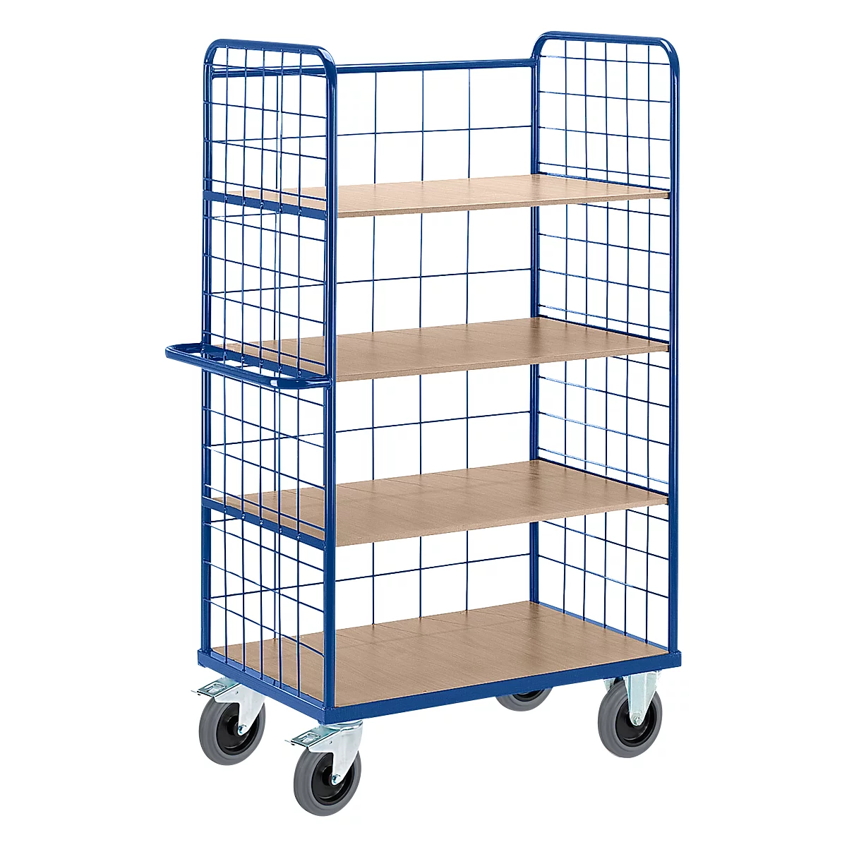 Blauwe rolwagen met vier niveaus. Houten panelen op metalen frame. Zwenkwielen en draadgaas. Handvat aan één kant.