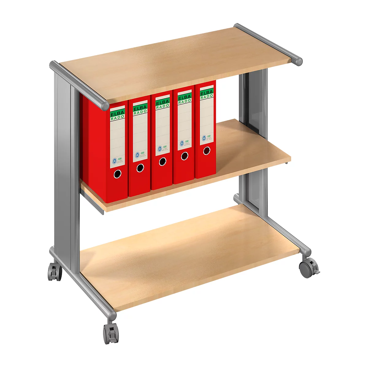 Etagewagen Pragma, 3 legborden, aluminium zilver/beuken