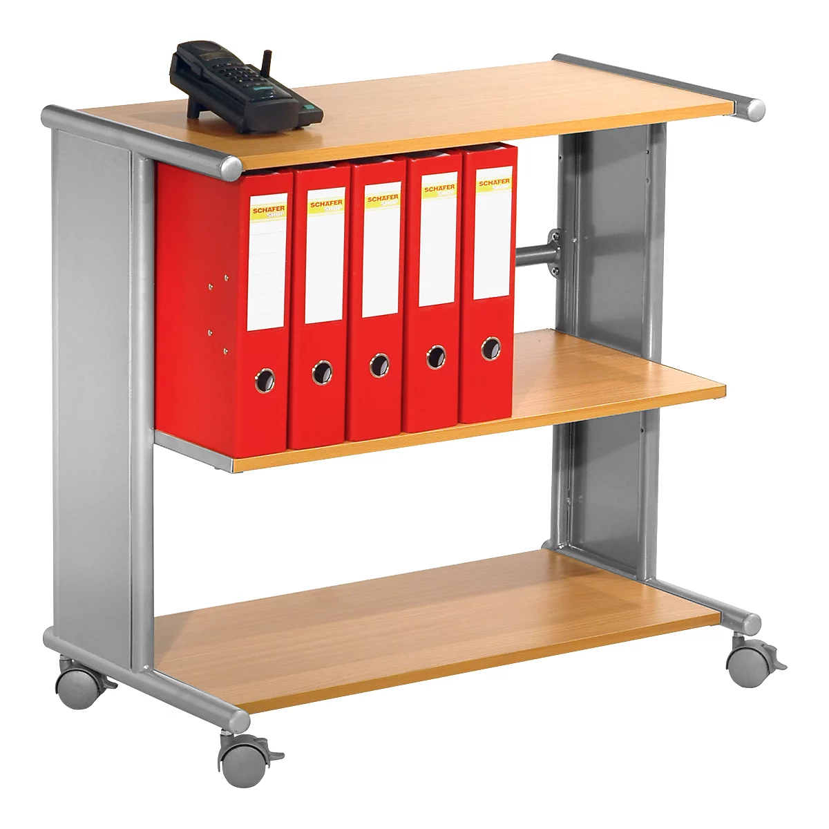 Etagewagen Pragma, 3 legborden, aluminium zilver/beuken