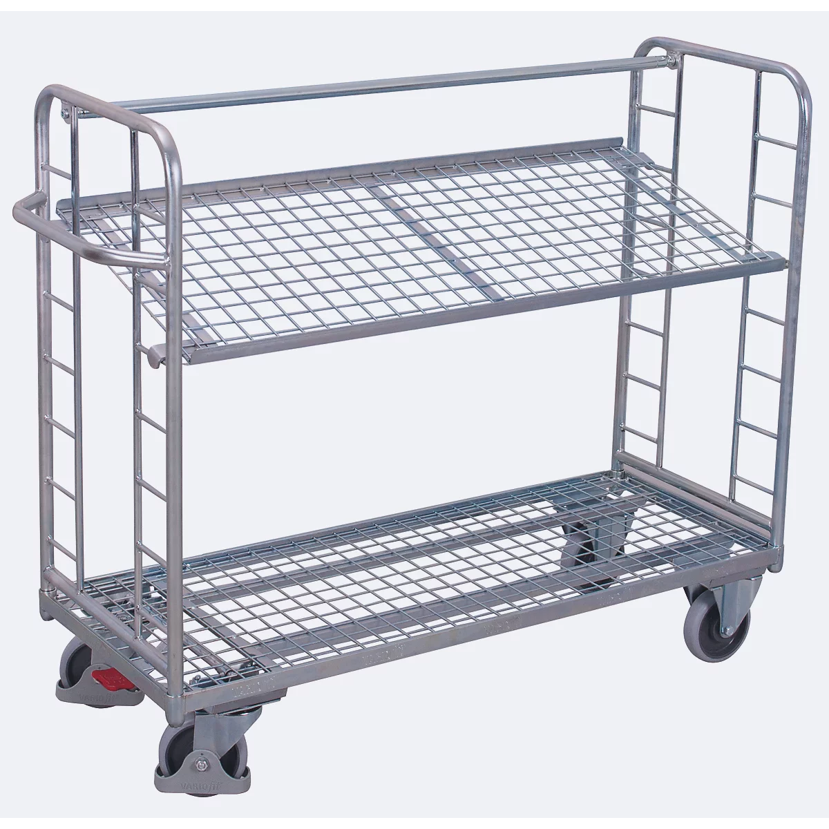 Etagewagen, staal/gaas, zilver, 2 etages, 1650 x 650 mm, 2 kopwanden met ronde stalen verstevigingen, EasySTOP, tot 400 kg