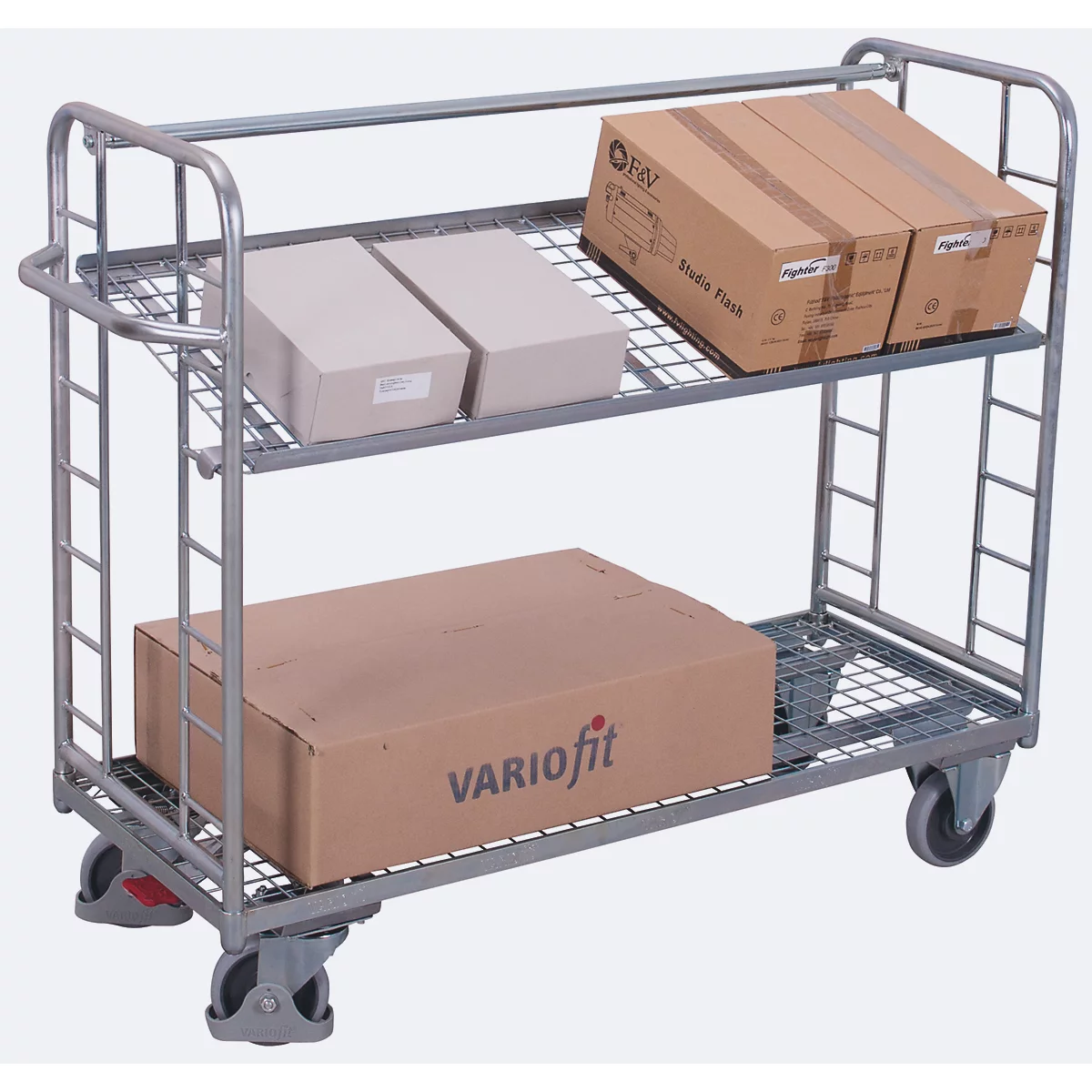 Etagewagen, staal/gaas, zilver, 2 etages, 1650 x 650 mm, 2 kopwanden met ronde stalen verstevigingen, EasySTOP, tot 400 kg