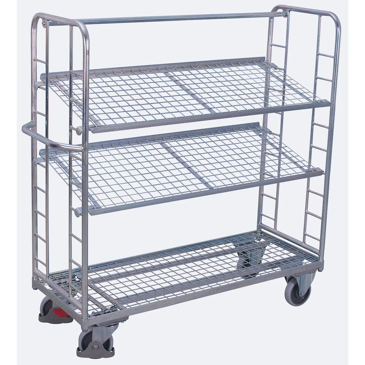 Etagewagen, staal/gaas, zilver, 3 etages, 1650 x 650 mm, 2 kopwanden met ronde stalen verstevigingen, EasySTOP, tot 400 kg