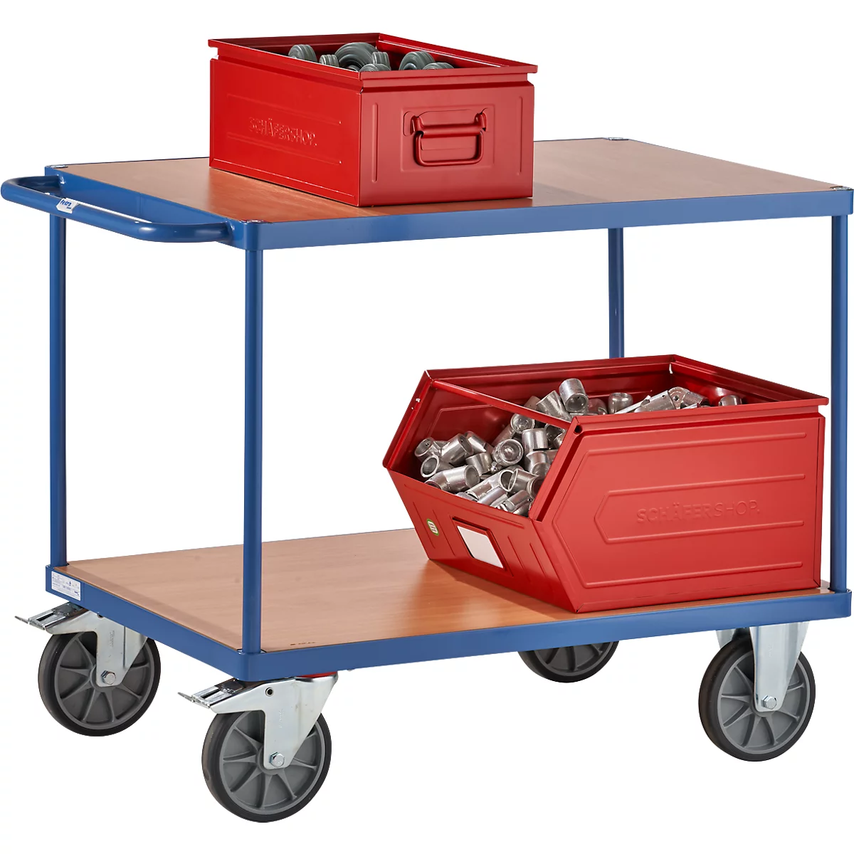 Etagewagen, staal/hout, 2 etages, L 1000 x B 700 mm, tot 600 kg, briljantblauw/beukenmotief