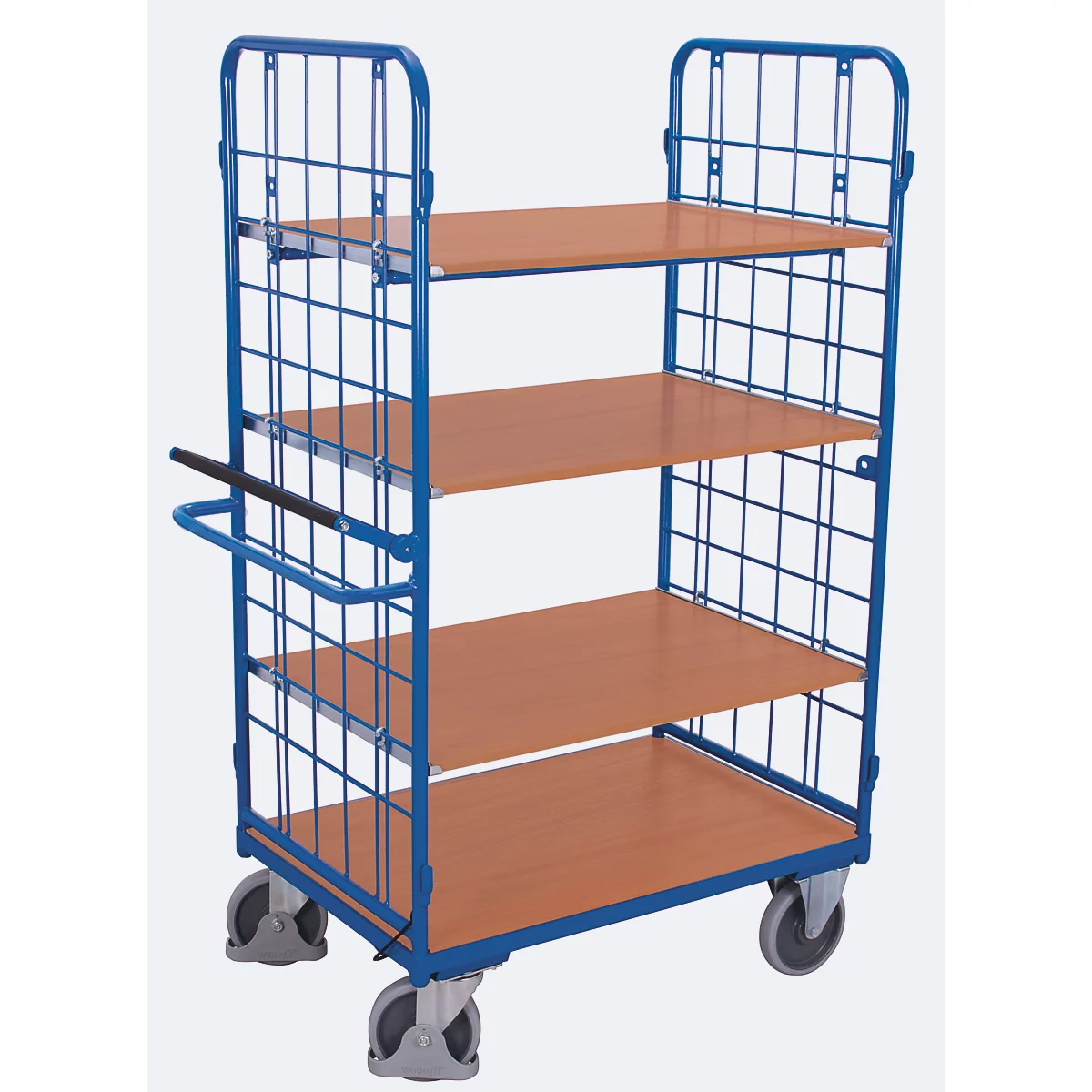 Etagewagen, staal/MDF-plaat, decor gentiaanblauw/beuken, 1 etage, 1000 x 700 mm, 2 eindborden van draadgaas, met dodemansknop, tot 500 kg