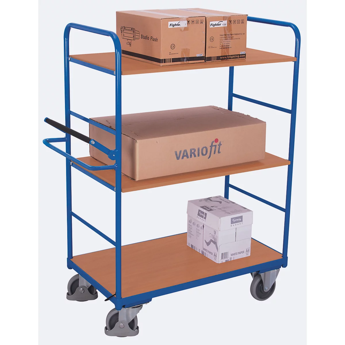 Etagewagen, staal/MDF-plaat, decor gentiaanblauw/beuken, 3 etages, 1000 x 600 mm, met dodemansrem, tot 500 kg