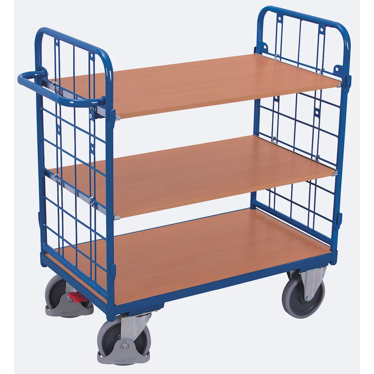 Etagewagen, staal/MDF-plaat, decor gentiaanblauw/beuken, 3 etages, 850 x 500 mm, kopwanden van draadgaas, EasySTOP, tot 400 kg