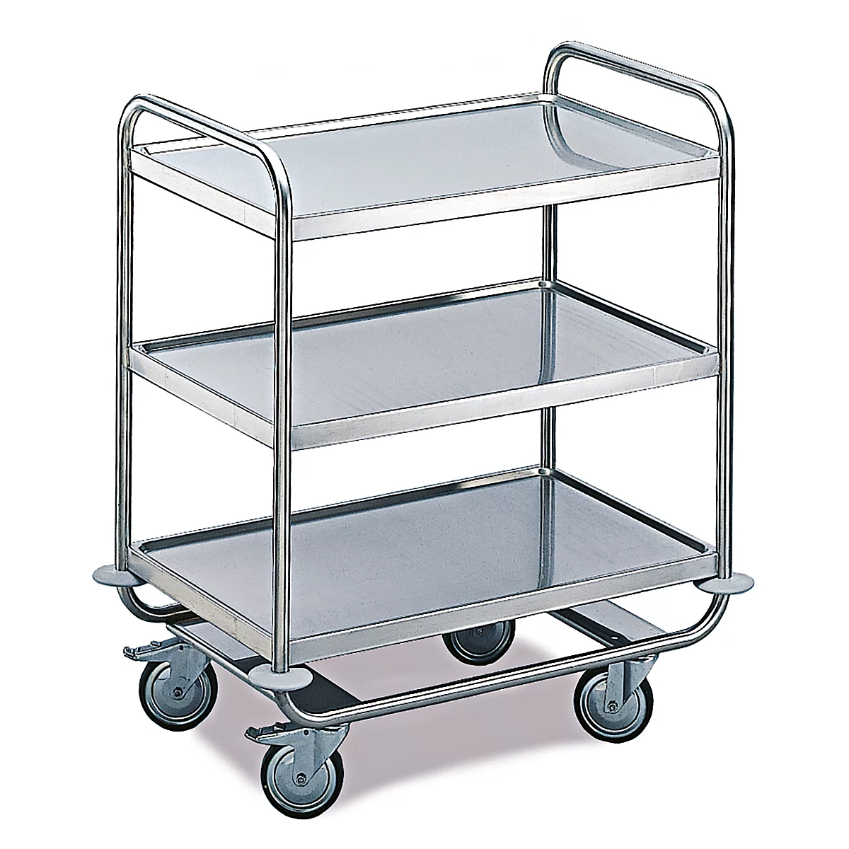 RVS serveerwagen met drie planken en vier wielen.