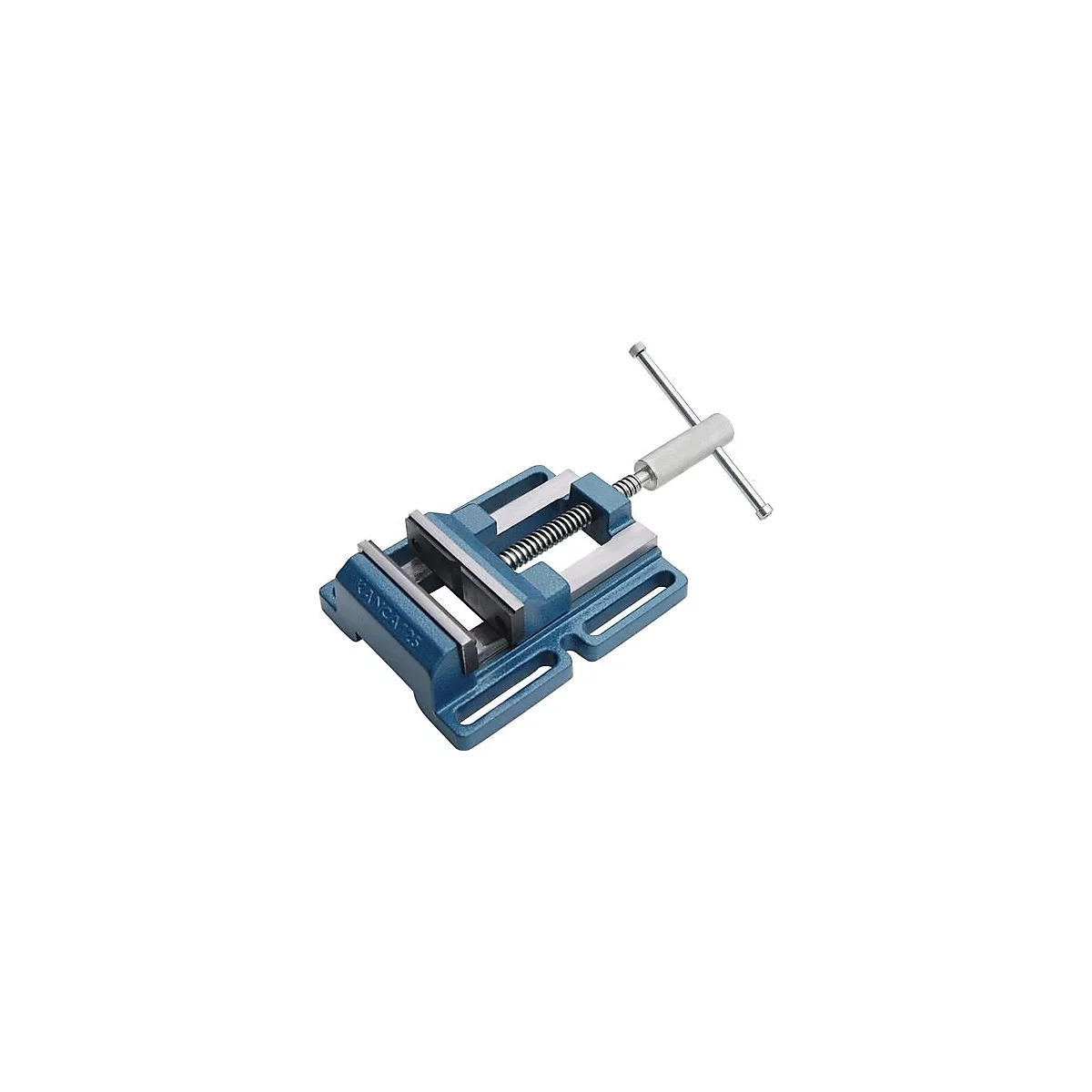 Un étau bleu, avec une vis et une poignée, sur fond blanc. L'étau est destiné à la fixation des pièces.