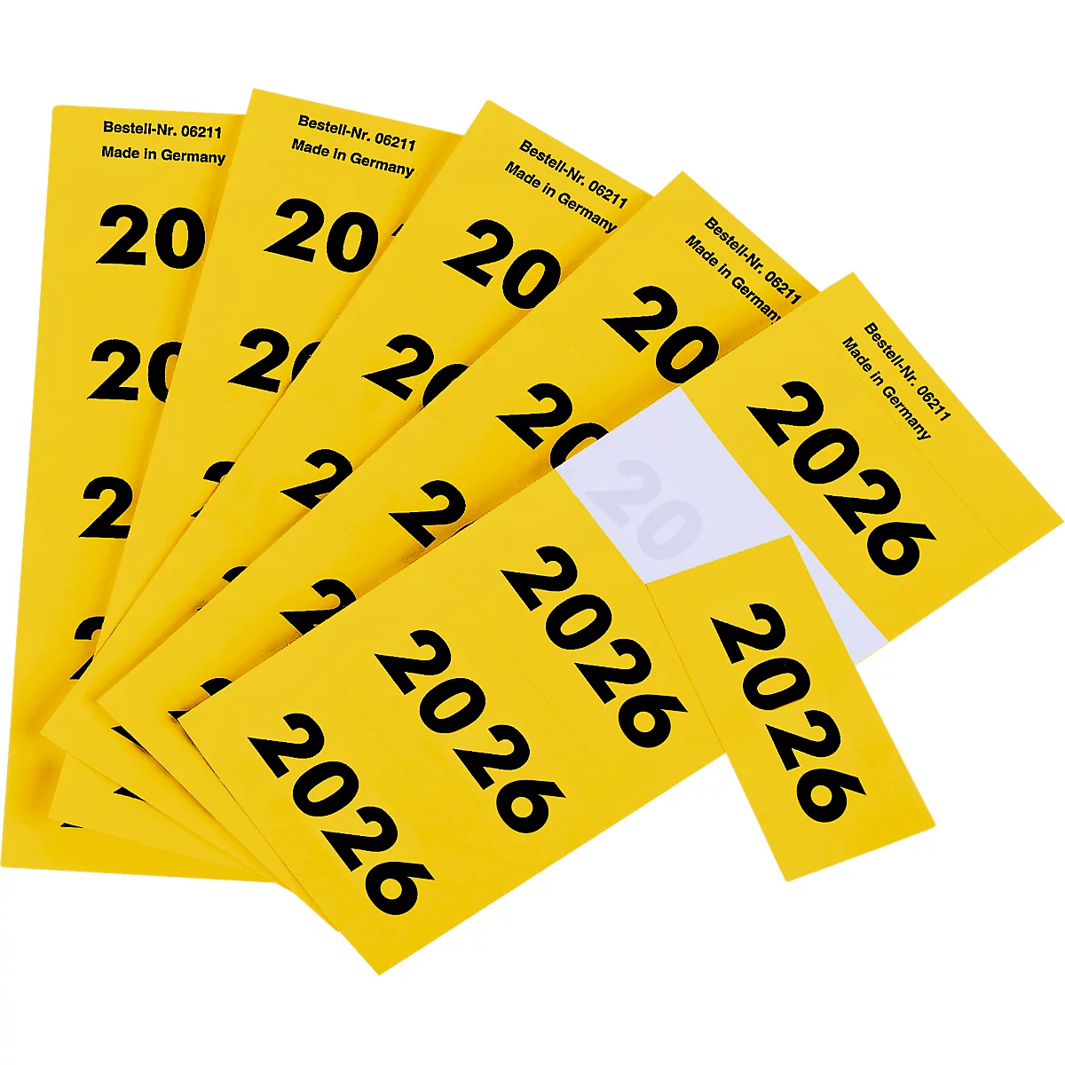 Gelbe Etiketten mit schwarzer Aufschrift "2026". Auf einem Etikett steht "Made in Germany".