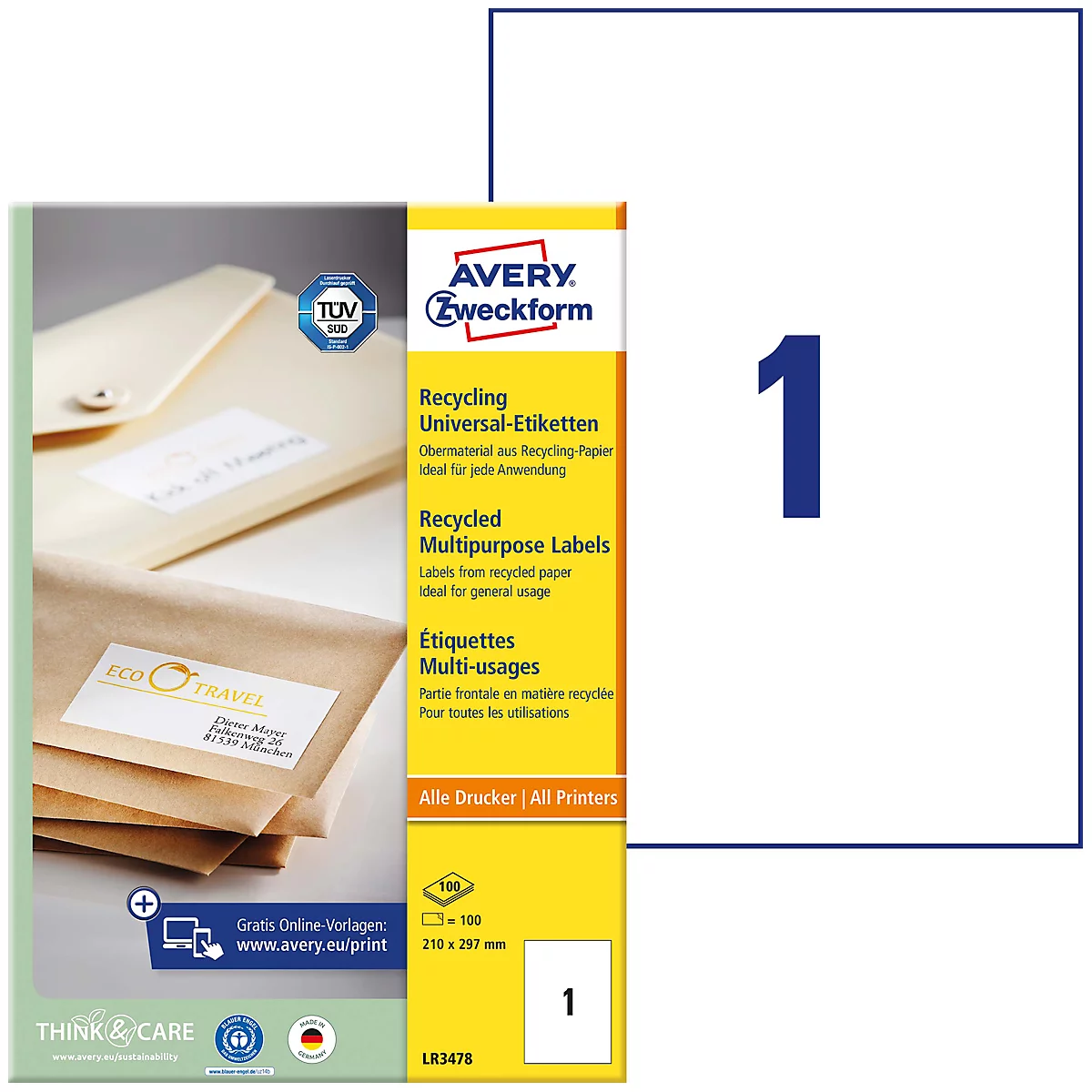 Etiketten-Verpackung mit Produktbezeichnung und Produktinformationen, daneben ein Blatt mit einer großen, blauen Ziffer Eins.