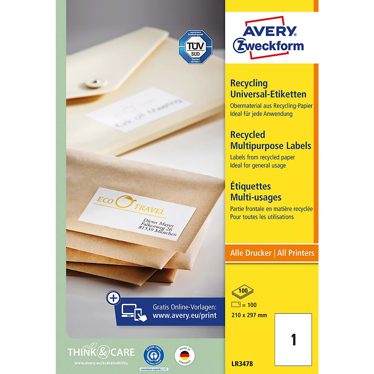 Auf braunen Umschlägen liegen Aufkleber. Rechts gelber Hintergrund mit Produktinformationen von Avery Zweckform.