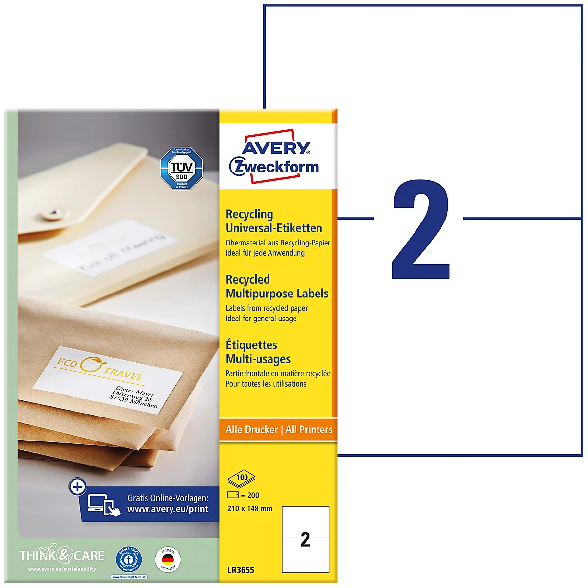 Produktverpackung mit Recycling-Etiketten von Avery Zweckform, daneben ein Blatt mit Aufklebern.