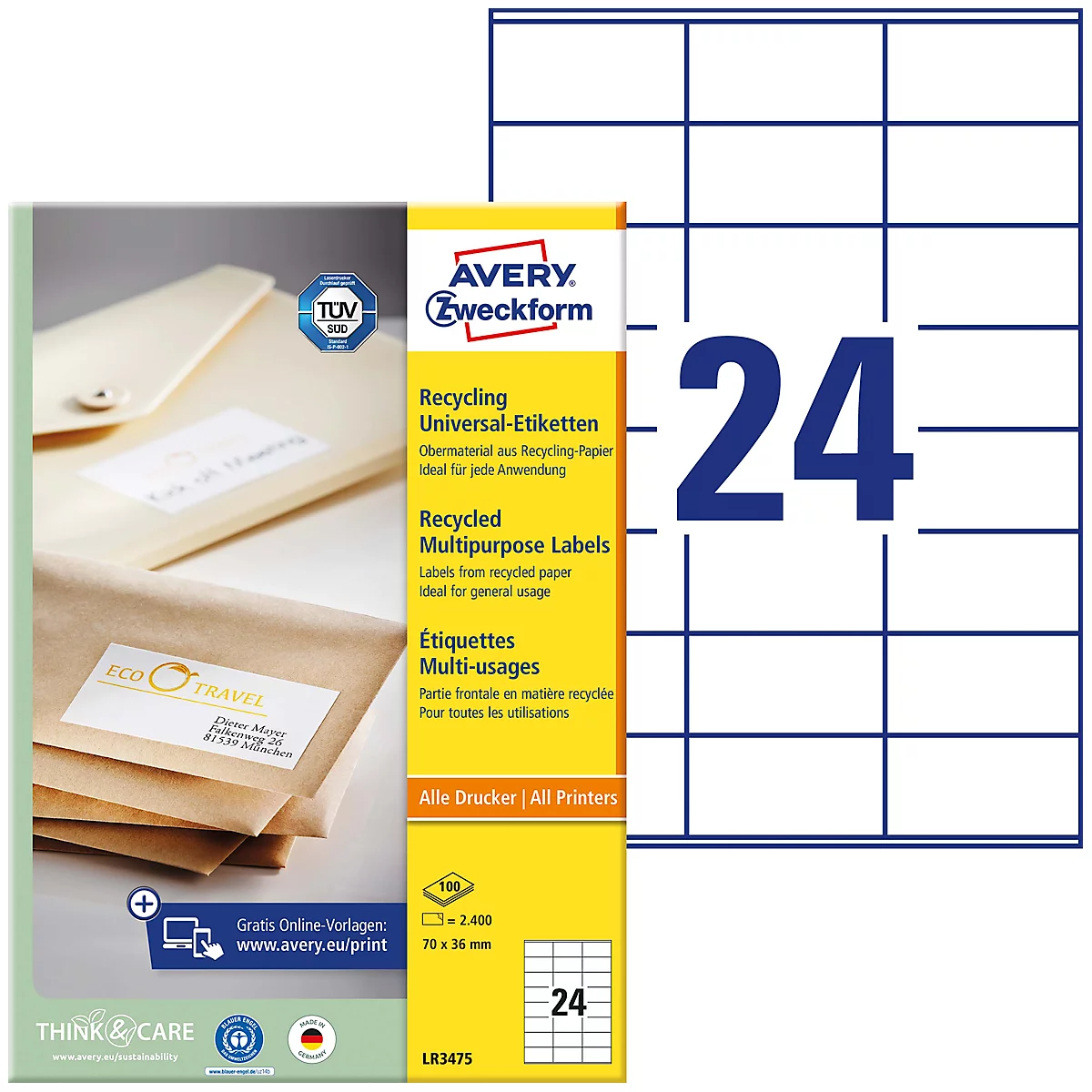 Etikettenpackung mit Aufschrift Recycling Universal-Etiketten. Daneben ein Bogen mit 24 Aufklebern.