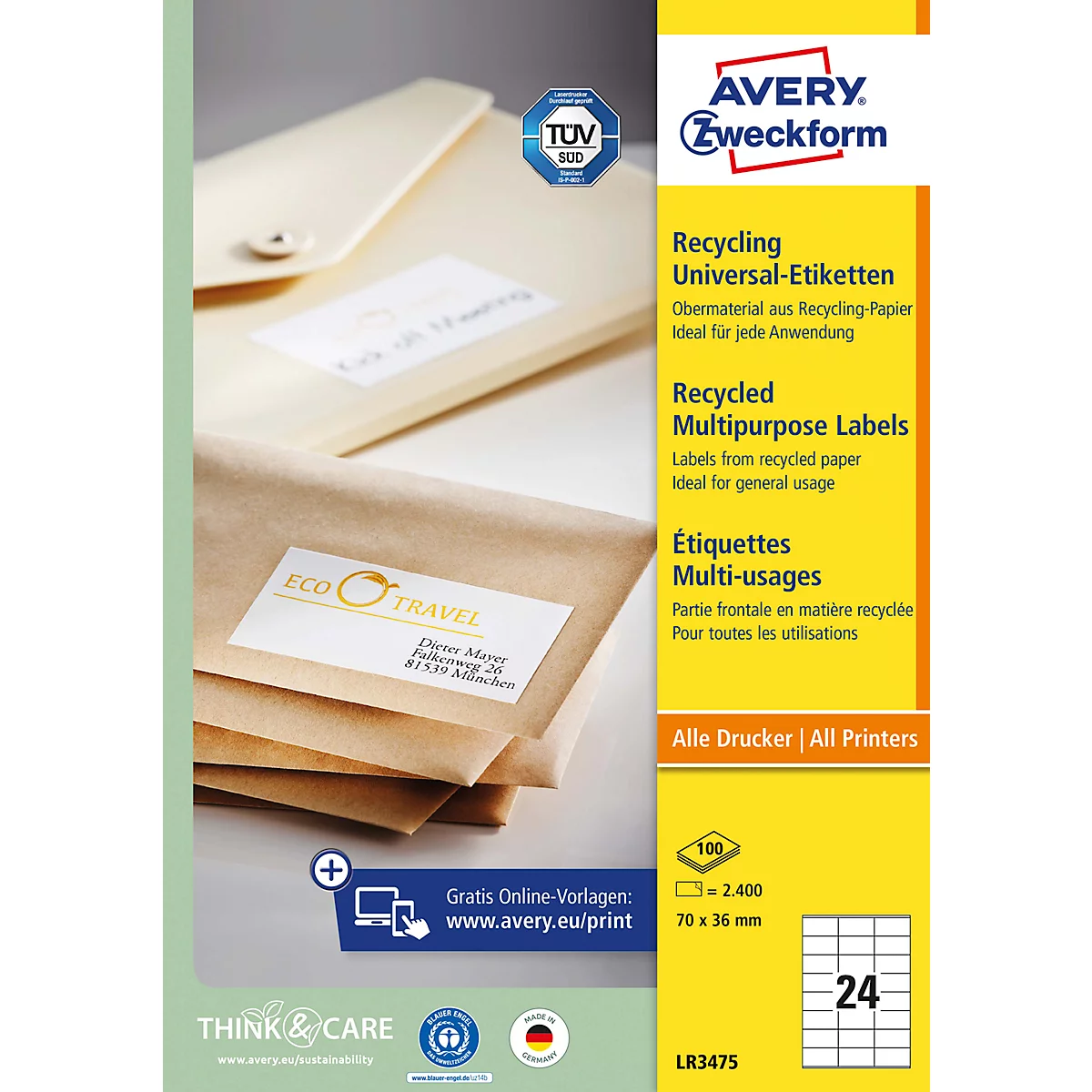 Stapel Briefumschläge mit Aufklebern, daneben Verpackung mit Produktinformationen. Text: Recycling Universal-Etiketten. Recycled Multipurpose Labels.