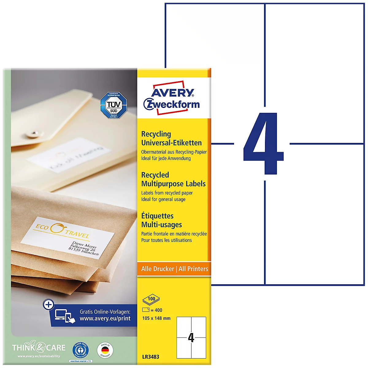 Packung Avery Zweckform Recycling Etiketten mit Aufdruck. Daneben ein Bogen mit vier Etiketten.