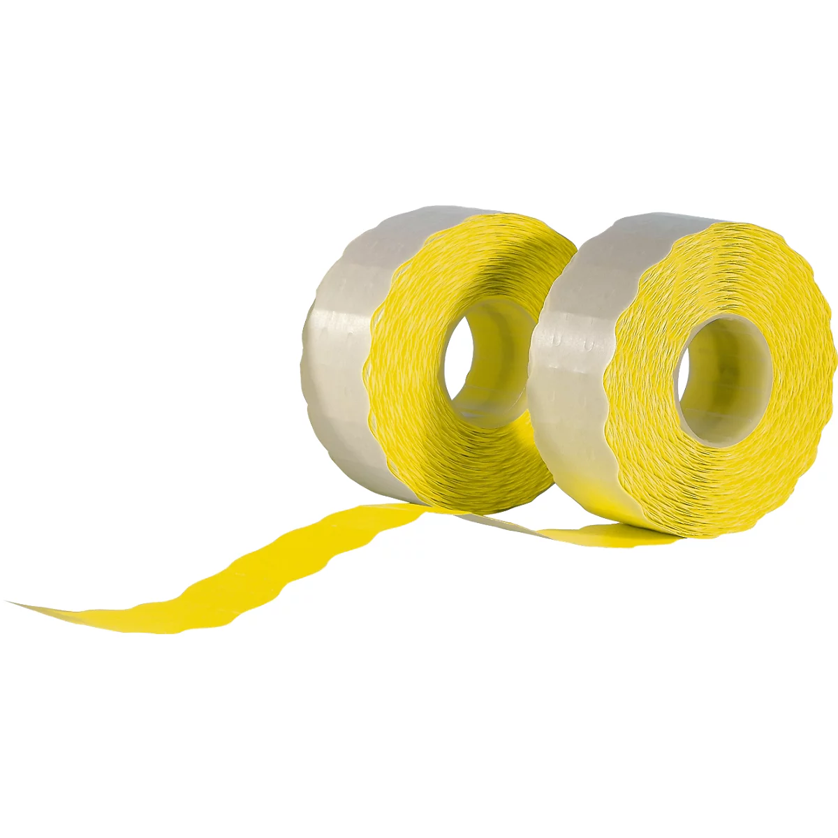 Zwei Rollen gelbe, wellenförmige Klebeetiketten vor weissem Hintergrund.