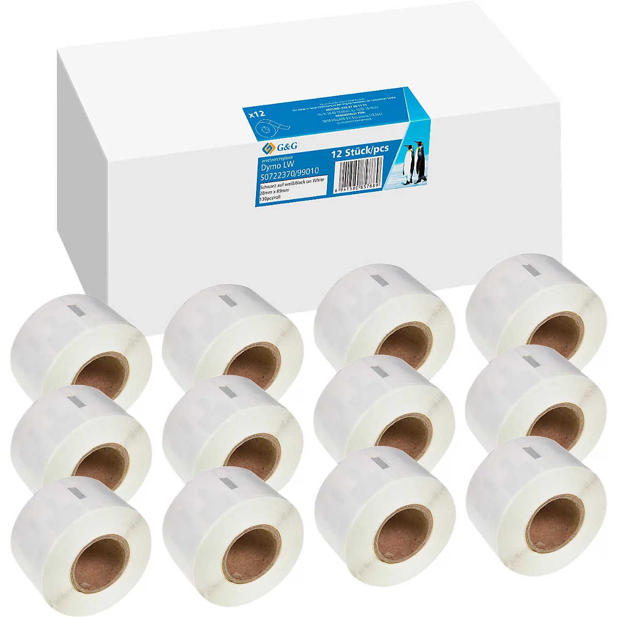 Etiketten G&amp;G, compatibel met Dymo 99010/s0722370, 12x130 st, afsnijdbaar, B 89 x H 28 mm, wit