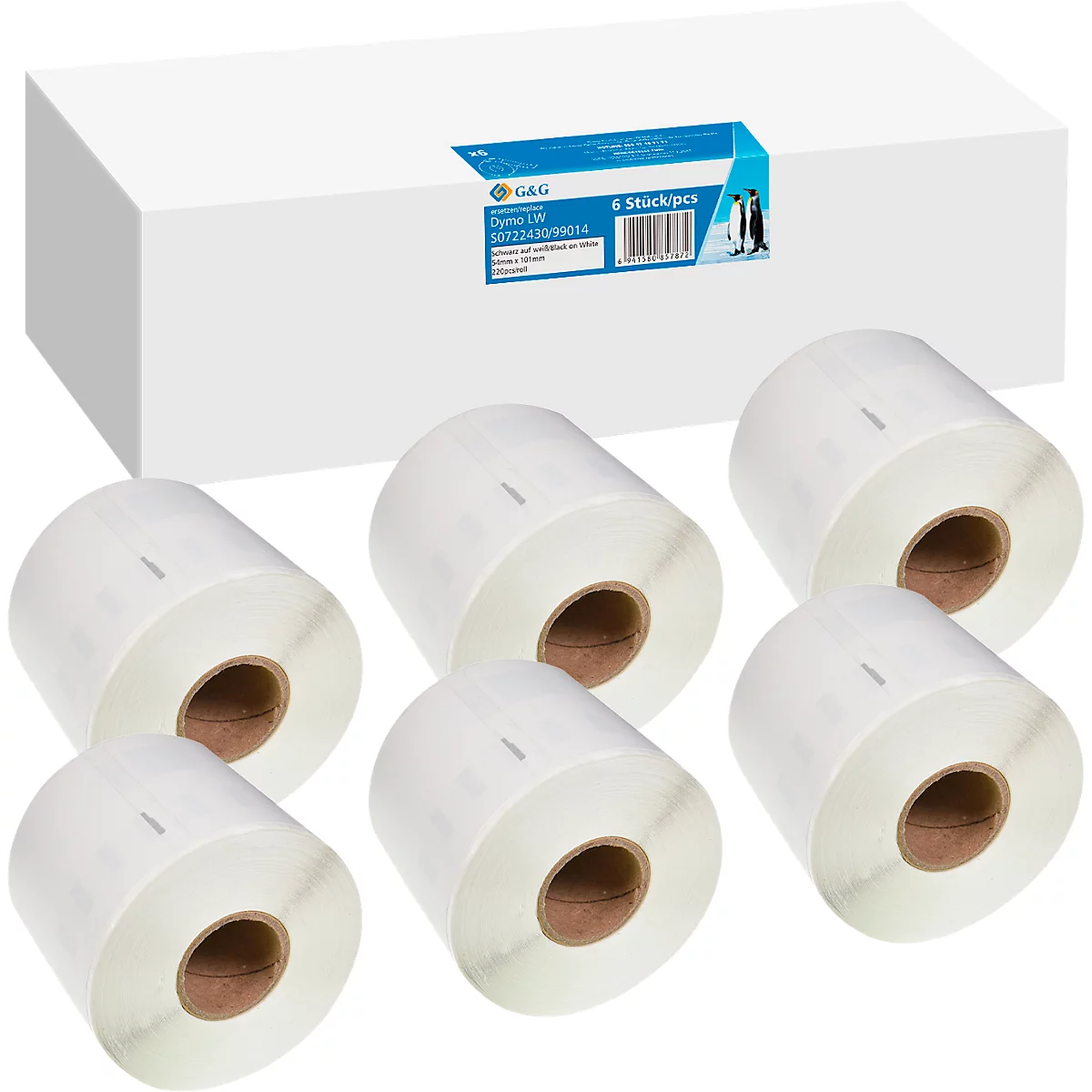 Etiketten G&amp;G, compatibel met Dymo 99014/S0722430, 6x220 stuks, permanente kleefstof, B 101 x H 54 mm wit