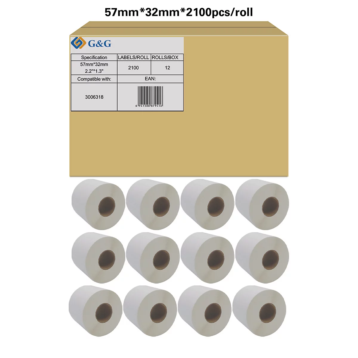 Karton met etiketrollen; witte rollen, details met opdruk.