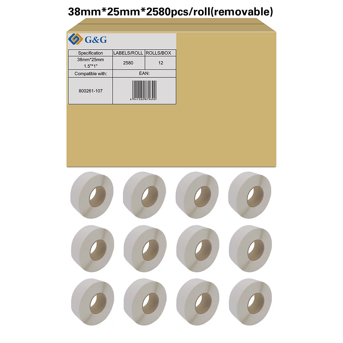 Karton met labelrollen. Daaronder 12 rollen labels.
