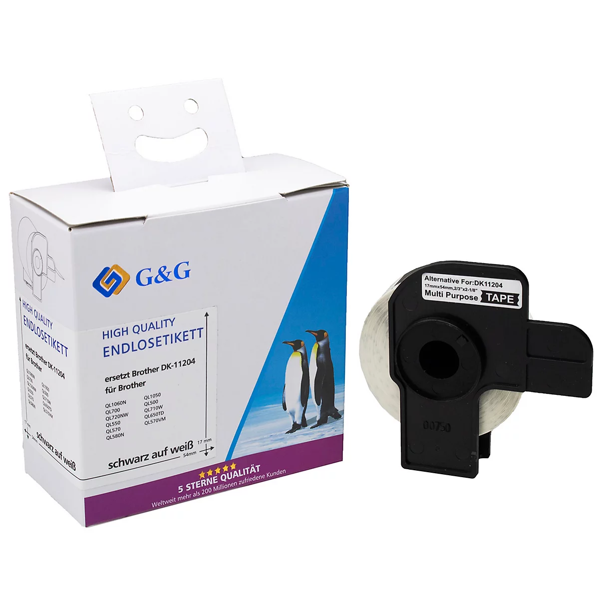 Produktverpackung und Beschriftungsrolle. Auf der Verpackung steht "G&G High Quality Endlosetikett" mit Pinguinen und Sternen.