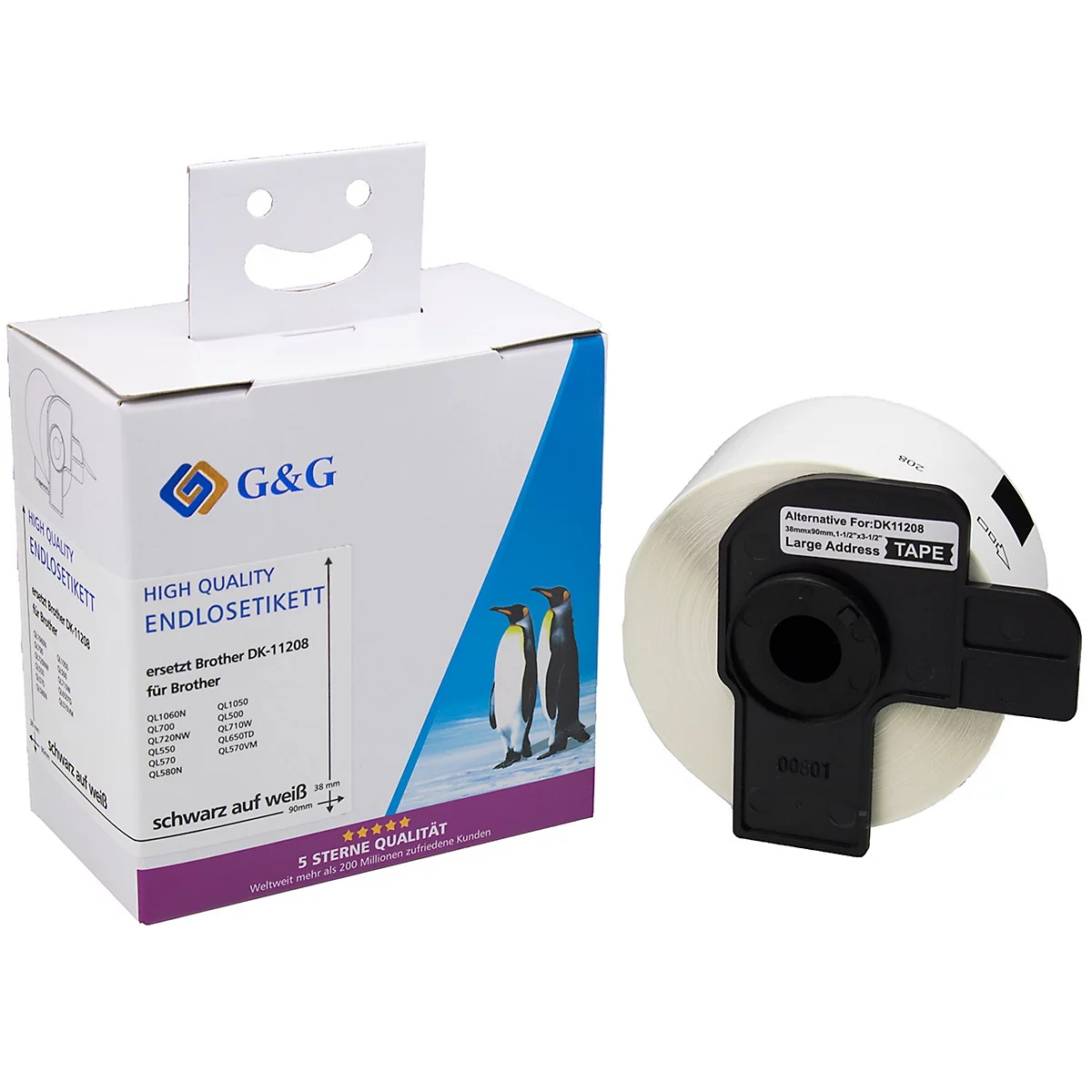 Etikettenrolle und -karton mit Pinguin-Illustration. Aufdrucke: G&G, Endlosetikett, schwarz auf weiß.
