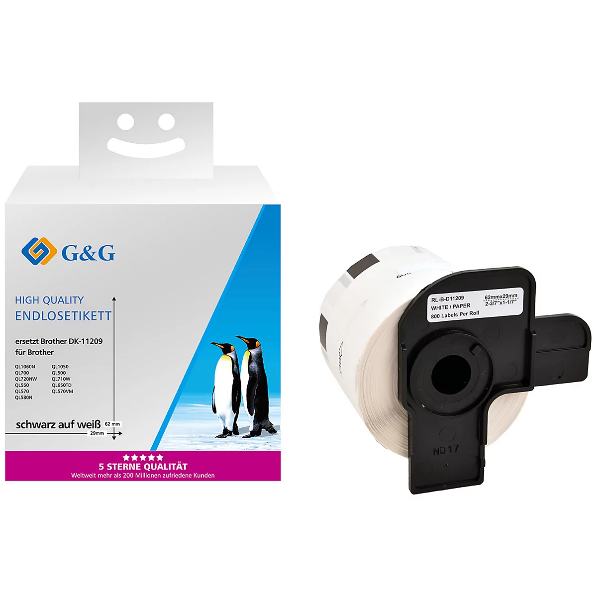 Produktverpackung mit G&G-Logo, Text und Pinguinen, daneben eine Rolle weißer Etiketten.