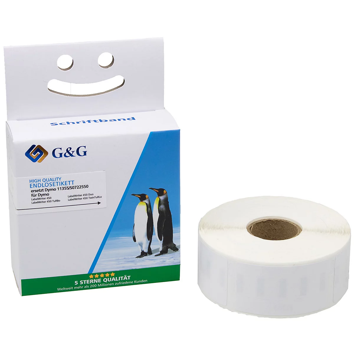 Produktverpackung mit Schriftband, neben einer Rolle Etiketten. Auf der Verpackung: Pinguine, Produktbezeichnung, Firmenlogo.