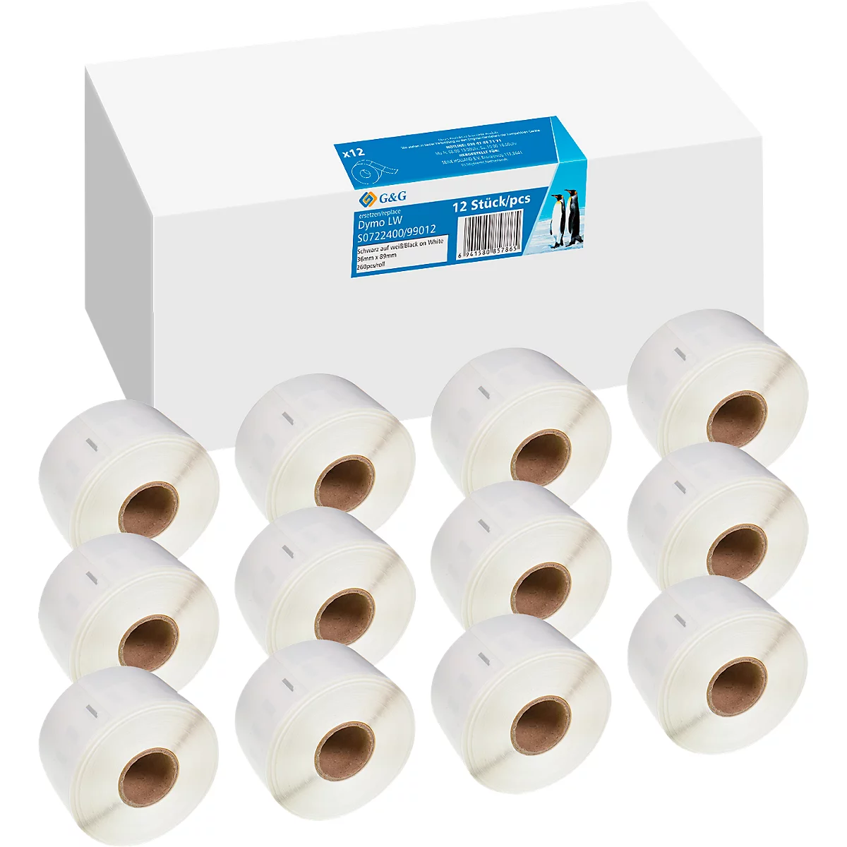 Weisse Etikettenrollen und eine Box. Auf der Box: G&G, 12 Stück/pcs, Produktbezeichnung.