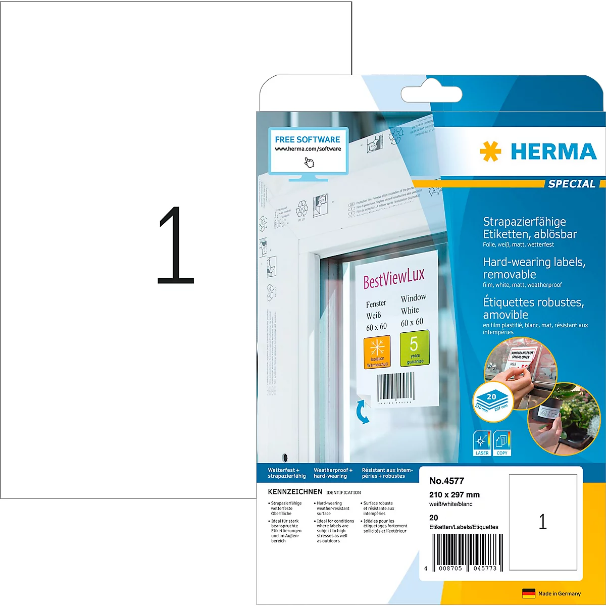 Etiketten HERMA 4577, 210 x 297 mm, 20 Stück, auf DIN A4, wetterfest, selbstklebend, stark haftend, Polyesterfolie, mattweiß