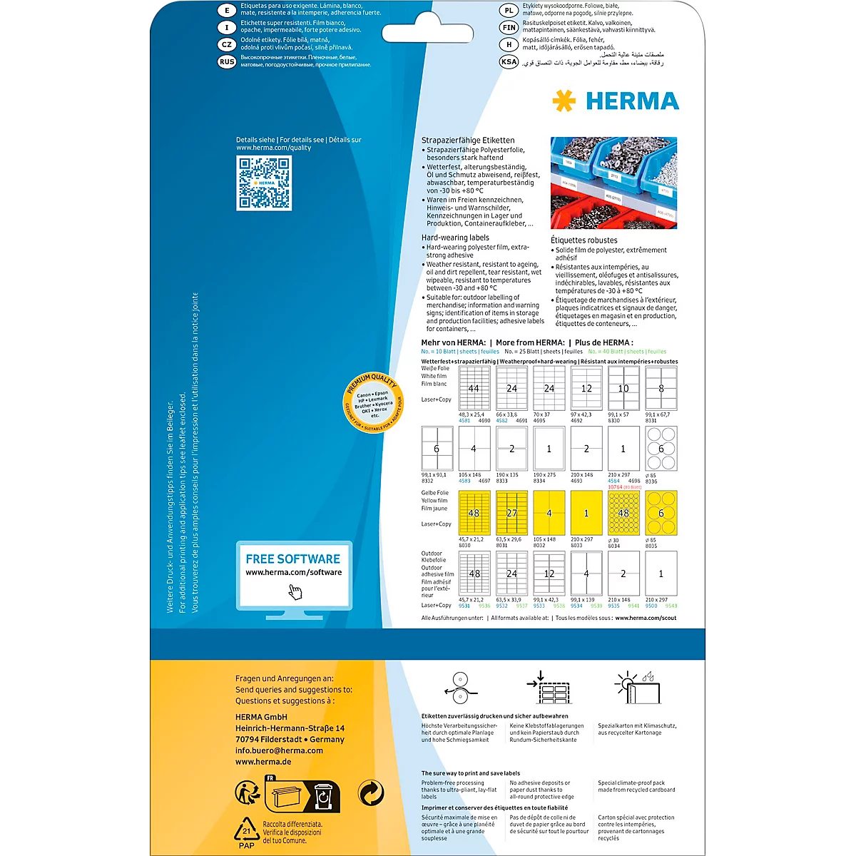 Etiketten HERMA 4693, 210 x 148 mm, 50 st., op DIN A4, weerbestendig, zelfklevend, sterk klevend, polyesterfolie, mat wit