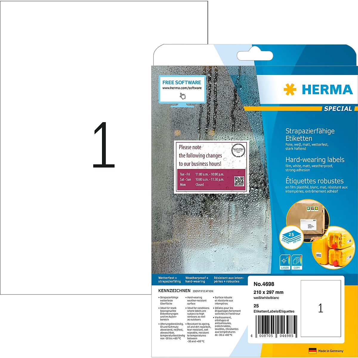 Etiketten HERMA 4698, 210 x 297 mm, 25 etiketten / 25 vellen A4, weerbestendig, zelfklevend, sterk klevend, polyesterfolie, mat wit