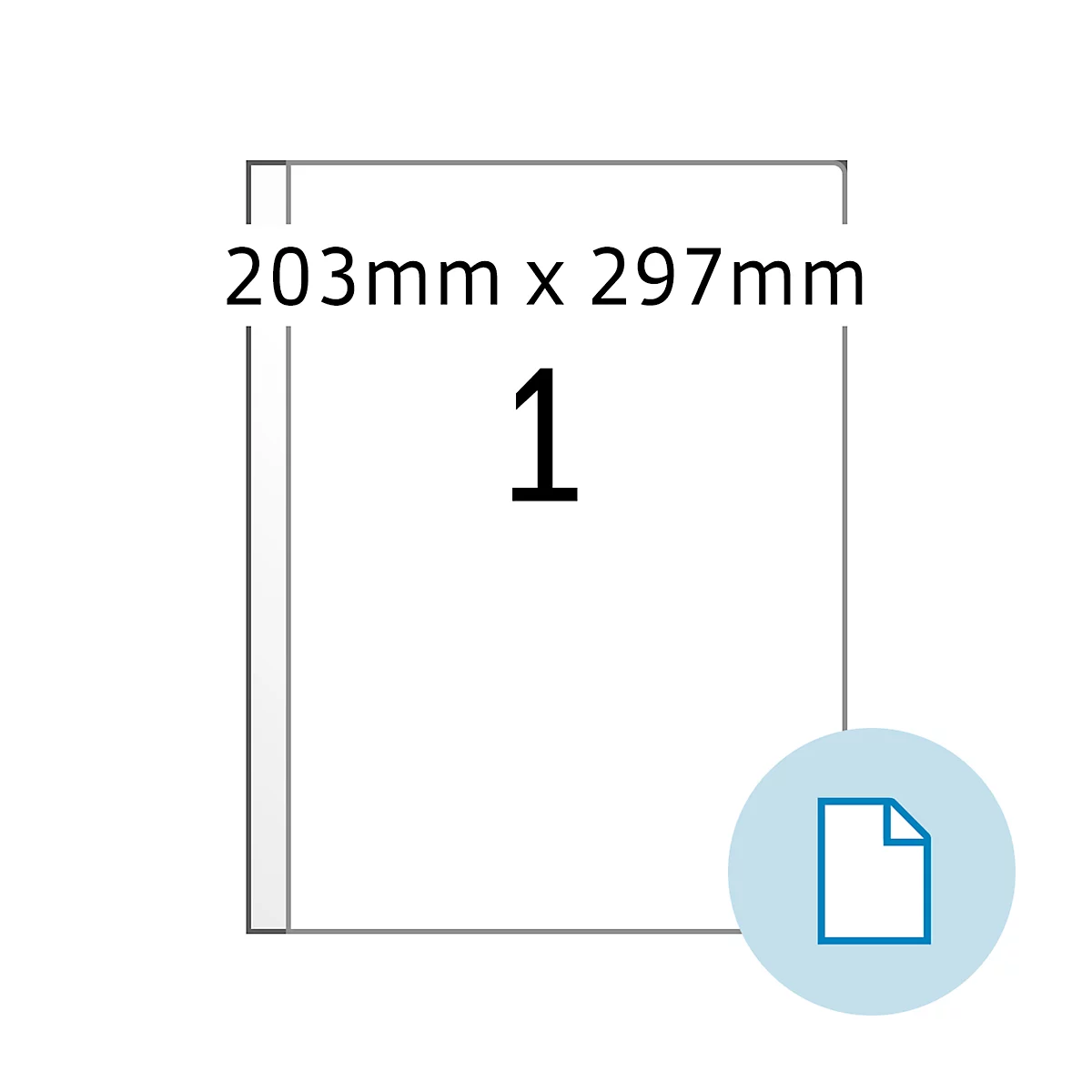 Een wit blad met de afmetingen 203 mm x 297 mm, met het nummer 1 in zwart en een blauw documentsymbool.