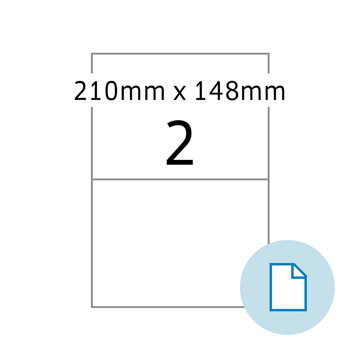 Etiket met de afmetingen 210mm x 148mm, het nummer 2 en een documentpictogram.
