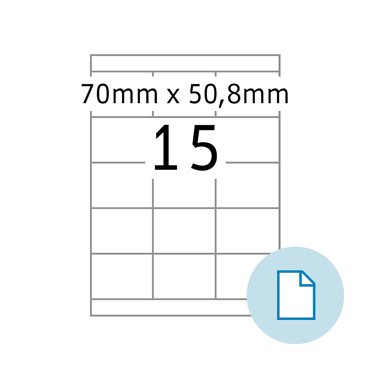 Sticker met raster en het getal '15'. Bovenaan staat: 70mm x 50,8mm. Blauw document symbool.